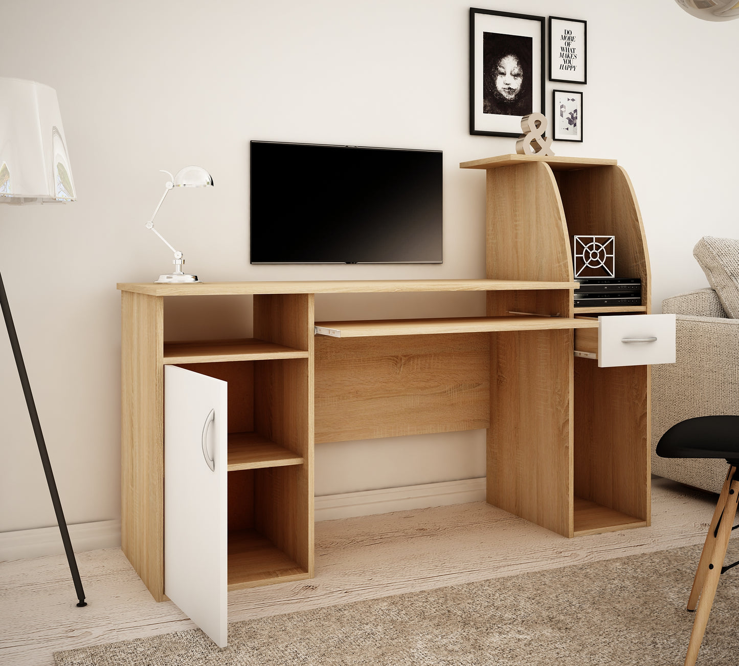 Bureau avec 2 étagères, hauteur 112 cm, bureau d'ordinateur largeur 150 cm, plateau en stratifié, idéal pour bureau, salon ou chambre d'adolescent, avec plan de travail spacieux, étagères et tiroir