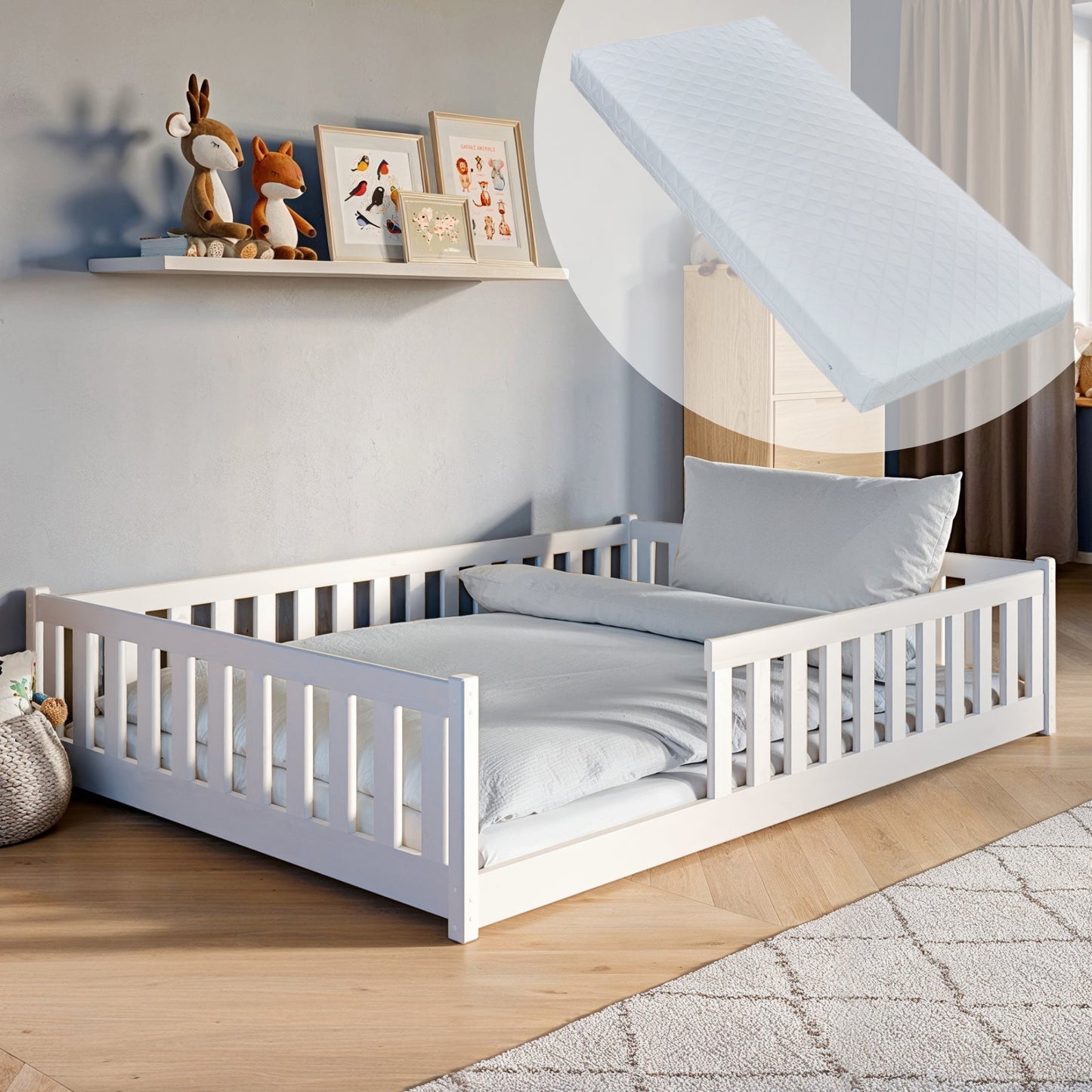 Kinderbett Bodenbett 90x200 | 120x200 | 140x200cm Bett mit Rausfallschutz & Lattenrost Montessori Bett Bed Gitterbett Kinder Jugendbett Einzelbett optional mit Matratze | weiß oder natur Kiefer Holz massiv Junge Mädchen