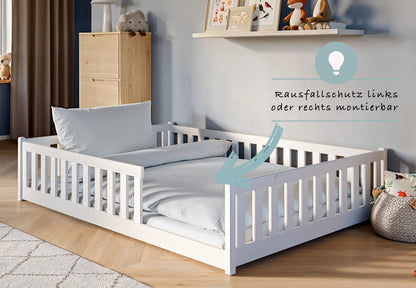 Kinderbett Bodenbett 90x200 | 120x200 | 140x200cm Bett mit Rausfallschutz & Lattenrost Montessori Bett Bed Gitterbett Kinder Jugendbett Einzelbett optional mit Matratze | weiß oder natur Kiefer Holz massiv Junge Mädchen