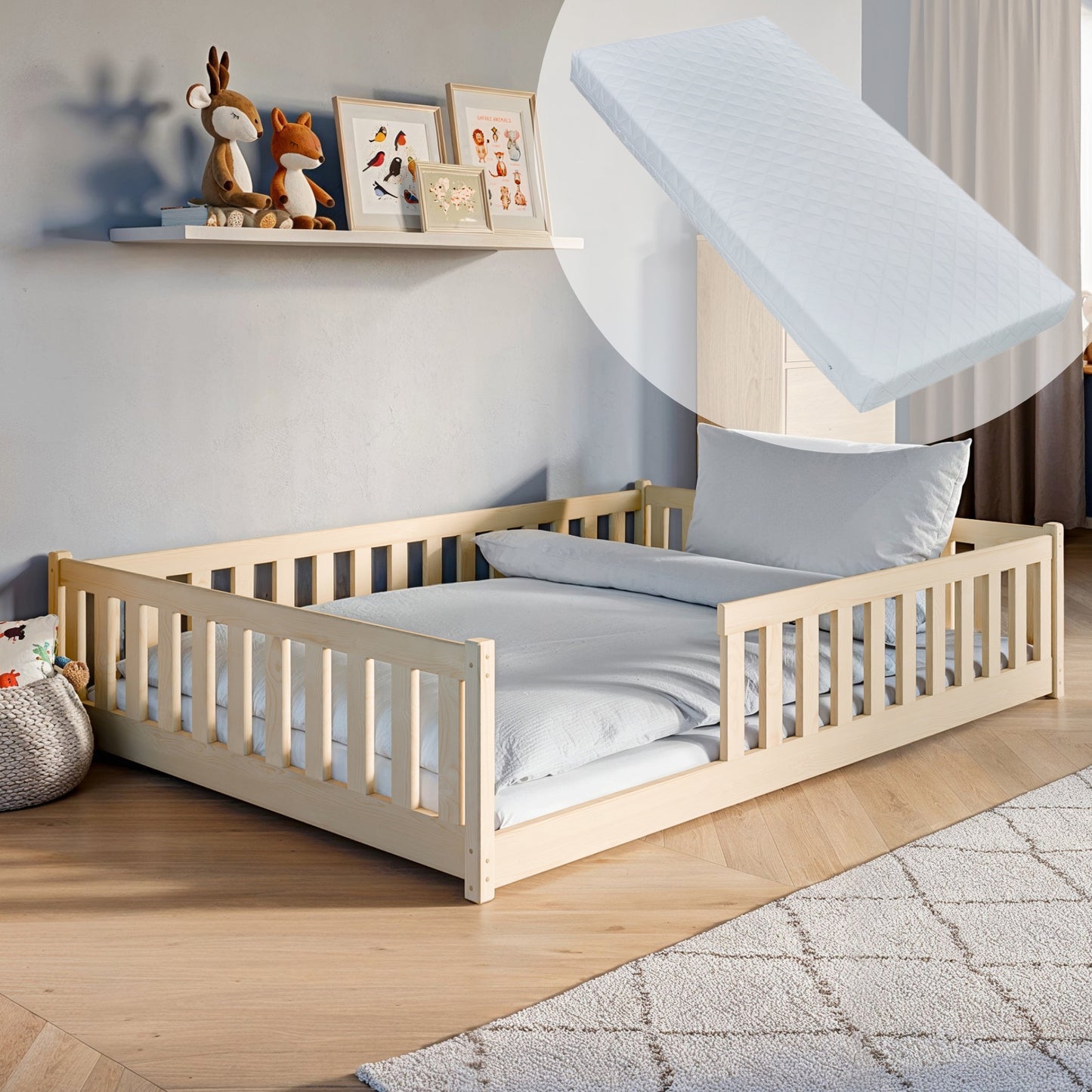 Kinderbett Bodenbett 90x200 | 120x200 | 140x200cm Bett mit Rausfallschutz & Lattenrost Montessori Bett Bed Gitterbett Kinder Jugendbett Einzelbett optional mit Matratze | weiß oder natur Kiefer Holz massiv Junge Mädchen