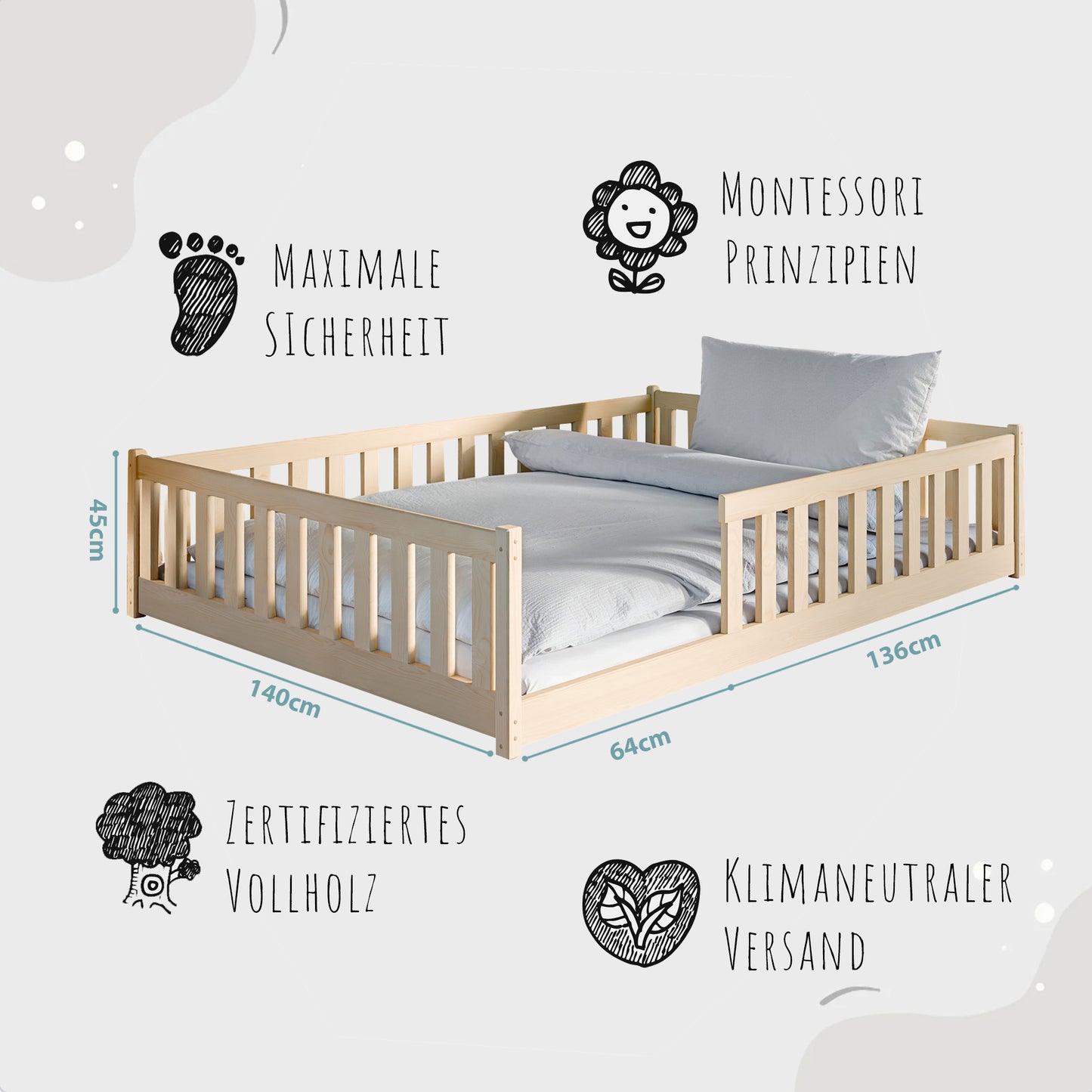 Kinderbett Bodenbett 90x200 | 120x200 | 140x200cm Bett mit Rausfallschutz & Lattenrost Montessori Bett Bed Gitterbett Kinder Jugendbett Einzelbett optional mit Matratze | weiß oder natur Kiefer Holz massiv Junge Mädchen