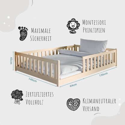 Lit enfant lit au sol 90x200 | 120x200 | Lit 140x200cm avec protection contre les chutes et sommier à lattes Lit Montessori Lit d'enfant Lit d'adolescent Lit simple en option avec matelas bois de pin blanc ou naturel massif garçon fille