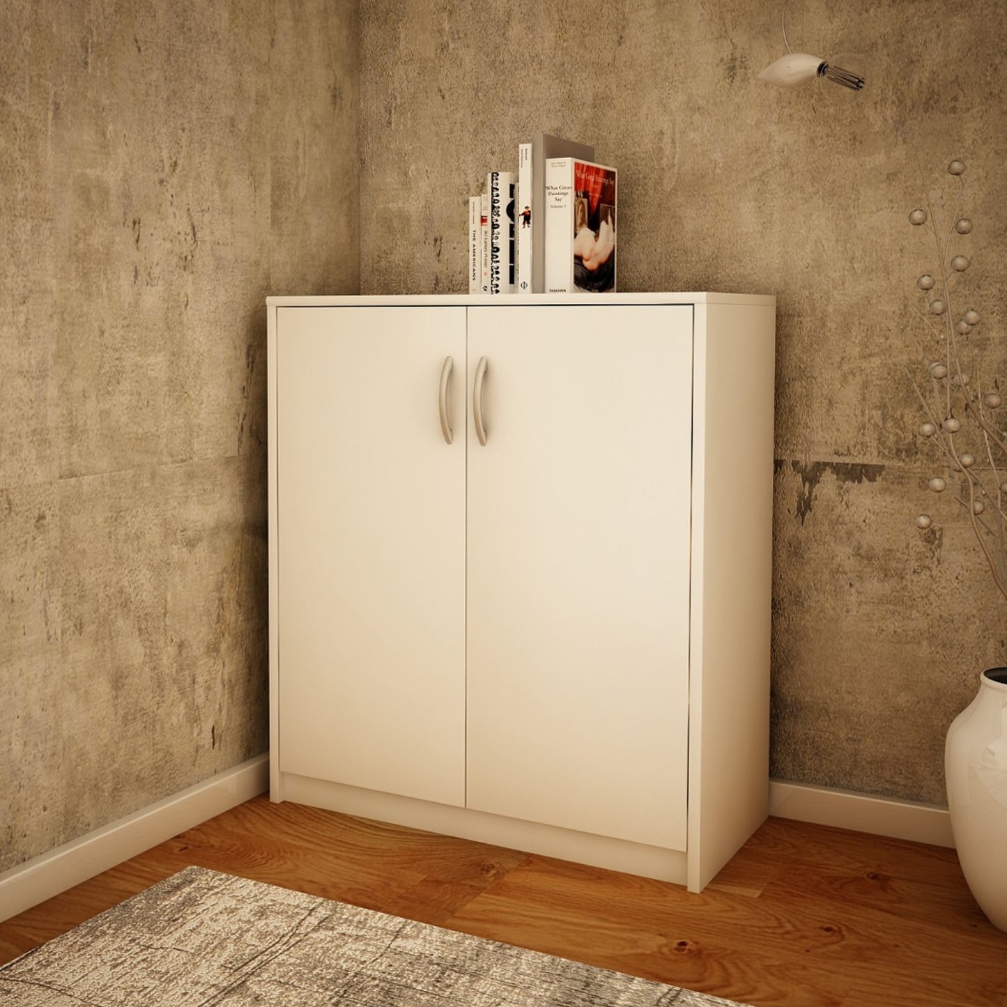 Commode de 74 cm de large en finition mate, commode avec 2 portes et 1 étagère, armoire avec poignées en polymère de haute qualité Idéale pour chambre, salon, couloir - En bois lamellé