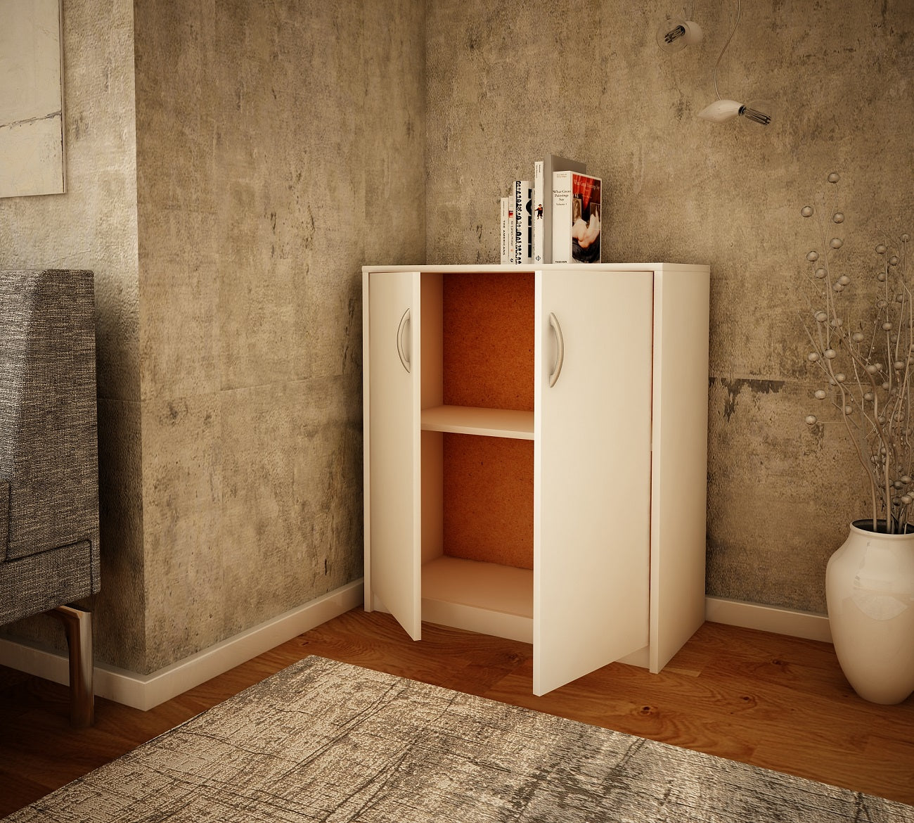 Kommode 74cm breit in matter Ausführung, Kommode mit 2 Türen und 1 Regal, Schrank mit hochwertigen Polymergriffen Ideal für Schlafzimmer, Wohnzimmer, Flur – Hergestellt aus laminiertem Holz