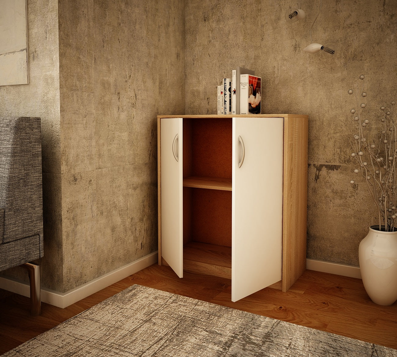 Kommode 74cm breit in matter Ausführung, Kommode mit 2 Türen und 1 Regal, Schrank mit hochwertigen Polymergriffen Ideal für Schlafzimmer, Wohnzimmer, Flur – Hergestellt aus laminiertem Holz