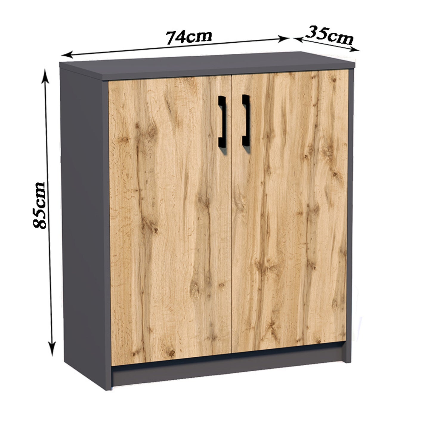 Kommode 74cm breit in matter Ausführung, Kommode mit 2 Türen und 1 Regal, Schrank mit hochwertigen Polymergriffen Ideal für Schlafzimmer, Wohnzimmer, Flur – Hergestellt aus laminiertem Holz