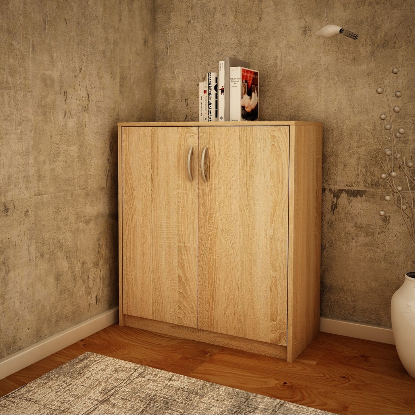 Commode de 74 cm de large en finition mate, commode avec 2 portes et 1 étagère, armoire avec poignées en polymère de haute qualité Idéale pour chambre, salon, couloir - En bois lamellé