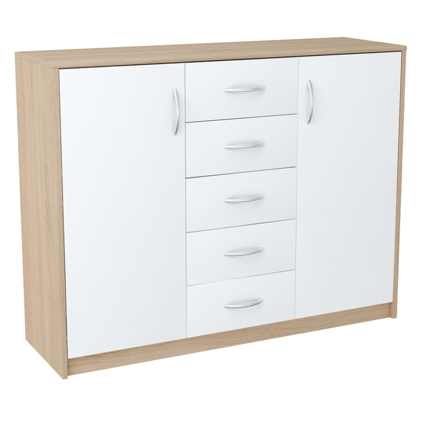 Commode avec 5 tiroirs et 2 portes en finition mate, commode de 110 cm de large avec poignées en polymère de haute qualité, commode en bois avec tiroirs - En panneau stratifié