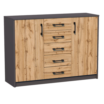 Commode avec 5 tiroirs et 2 portes en finition mate, commode de 110 cm de large avec poignées en polymère de haute qualité, commode en bois avec tiroirs - En panneau stratifié