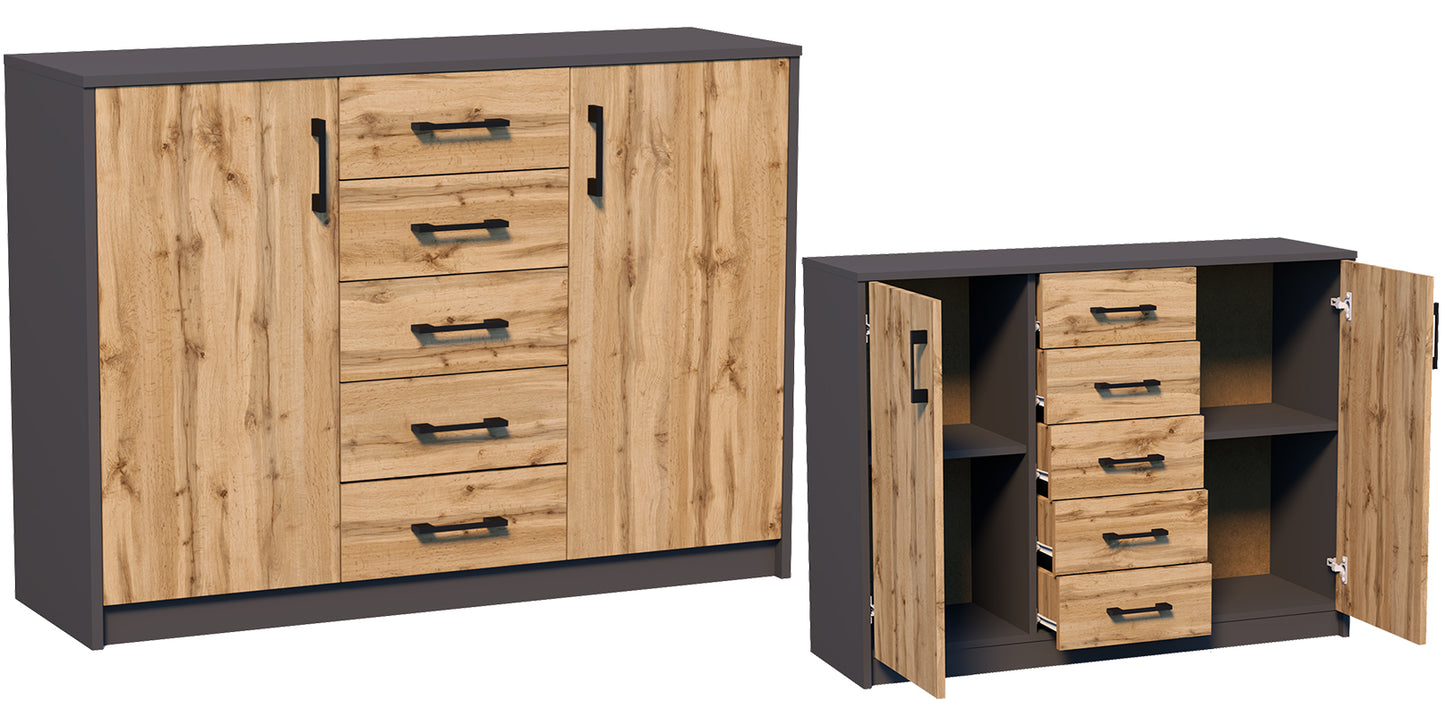 Commode avec 5 tiroirs et 2 portes en finition mate, commode de 110 cm de large avec poignées en polymère de haute qualité, commode en bois avec tiroirs - En panneau stratifié