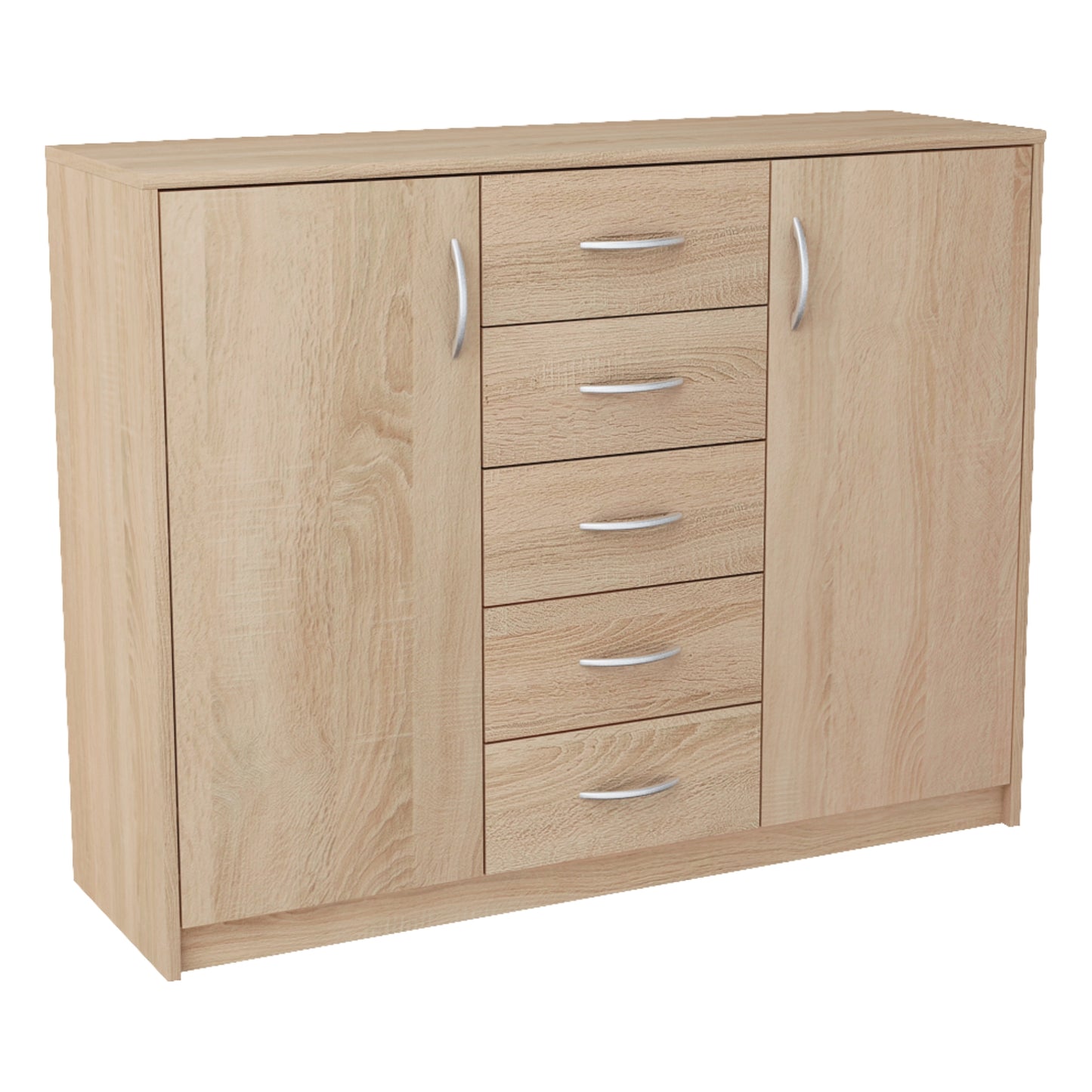 Commode avec 5 tiroirs et 2 portes en finition mate, commode de 110 cm de large avec poignées en polymère de haute qualité, commode en bois avec tiroirs - En panneau stratifié