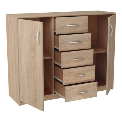 Commode avec 5 tiroirs et 2 portes en finition mate, commode de 110 cm de large avec poignées en polymère de haute qualité, commode en bois avec tiroirs - En panneau stratifié