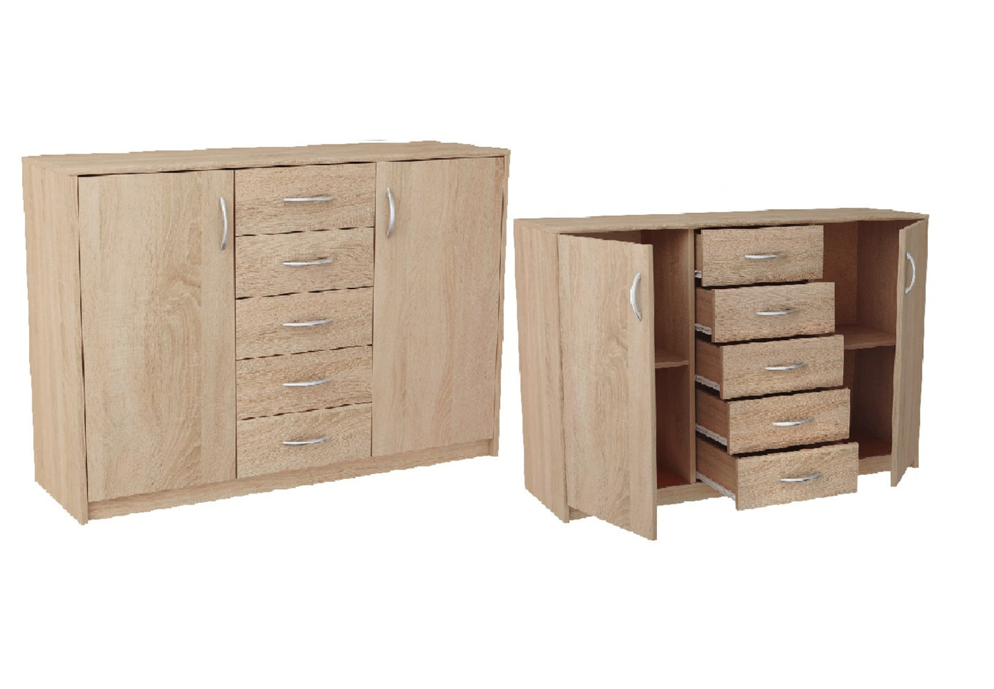 Commode avec 5 tiroirs et 2 portes en finition mate, commode de 110 cm de large avec poignées en polymère de haute qualité, commode en bois avec tiroirs - En panneau stratifié