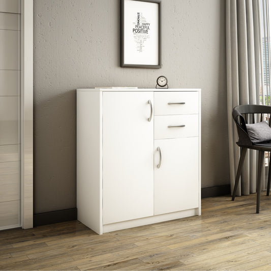 Commode avec 2 tiroirs et 2 portes en finition mate, commode de 74 cm de large avec poignées en polymère de haute qualité, commode en bois avec tiroirs - En panneau stratifié