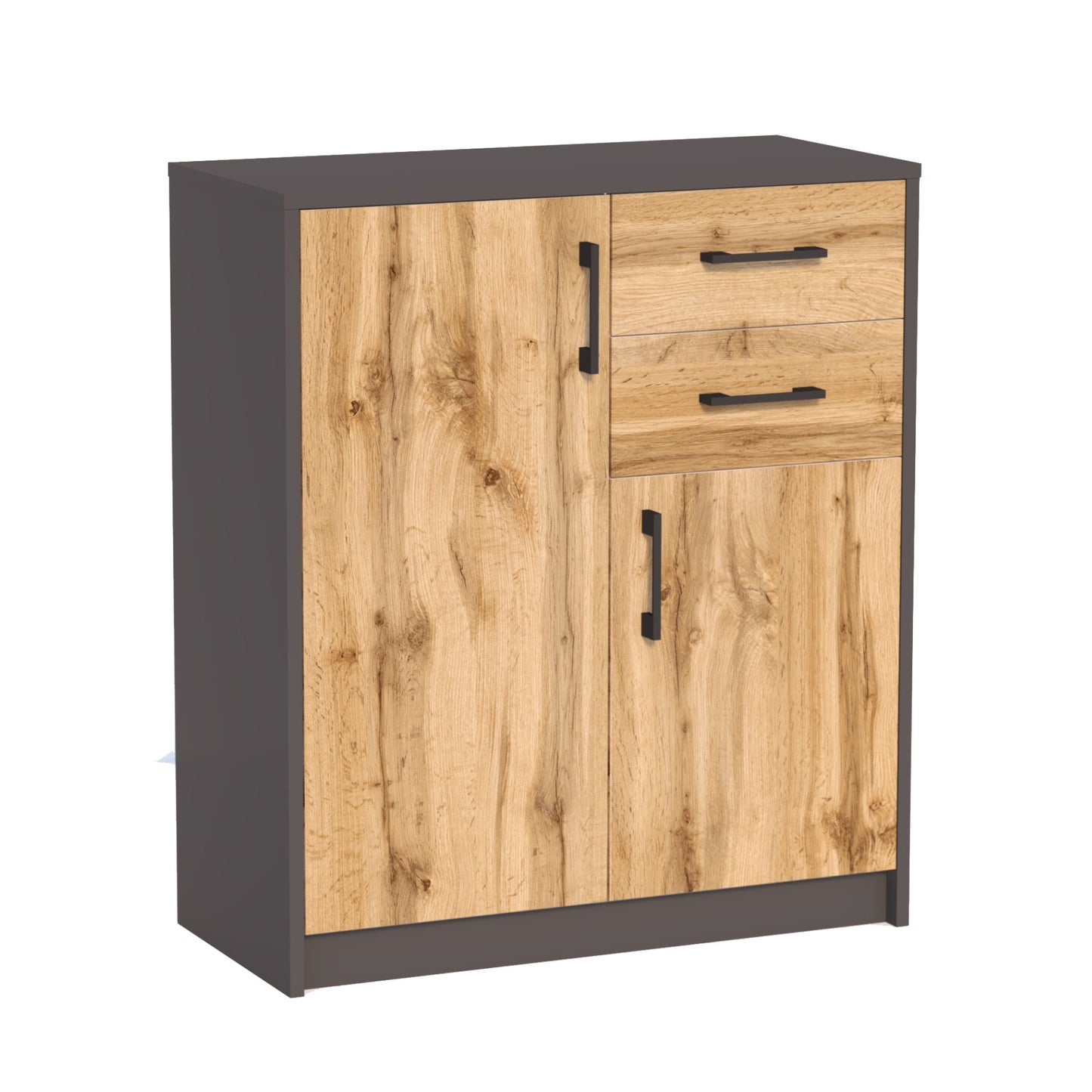 Commode avec 2 tiroirs et 2 portes en finition mate, commode de 74 cm de large avec poignées en polymère de haute qualité, commode en bois avec tiroirs - En panneau stratifié