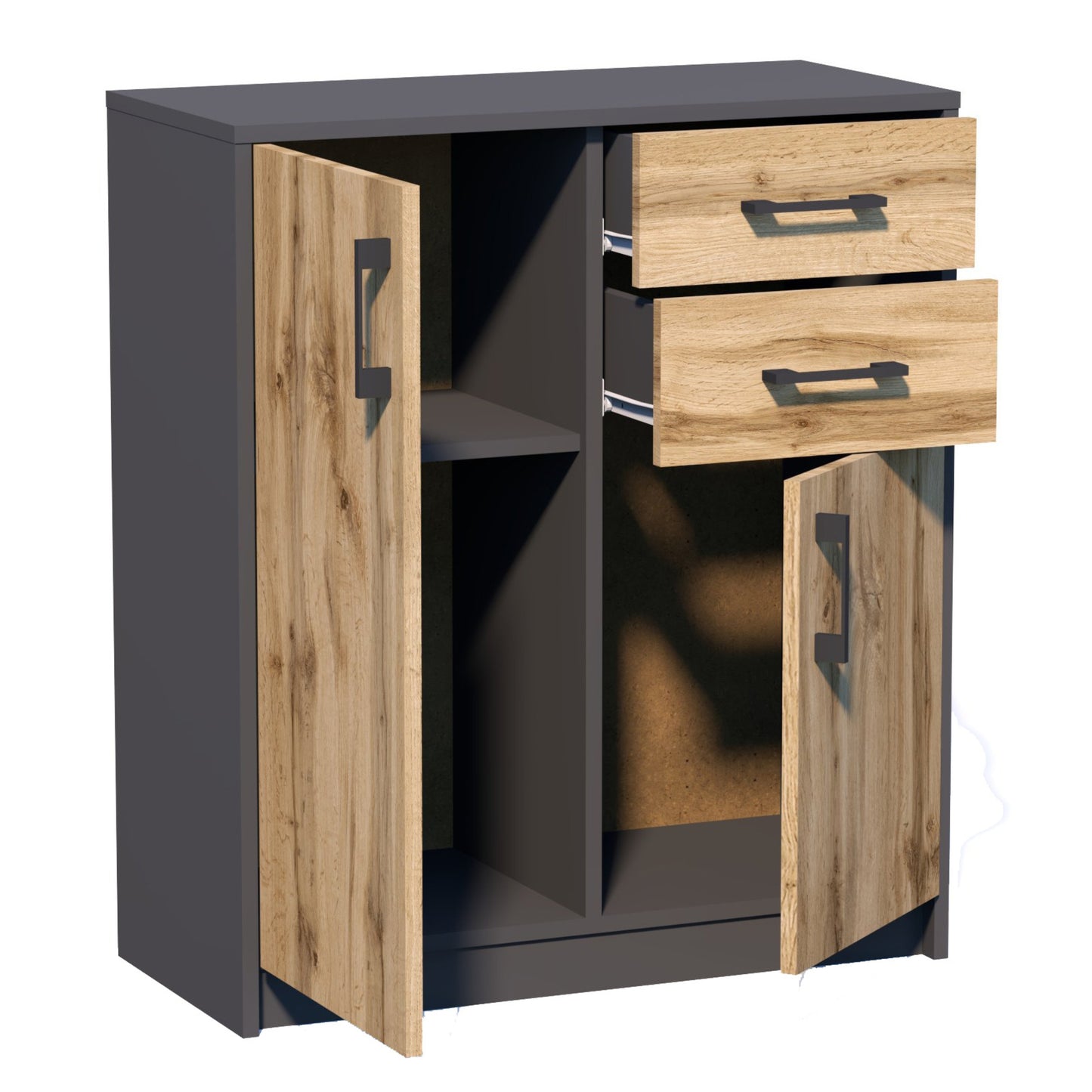 Commode avec 2 tiroirs et 2 portes en finition mate, commode de 74 cm de large avec poignées en polymère de haute qualité, commode en bois avec tiroirs - En panneau stratifié