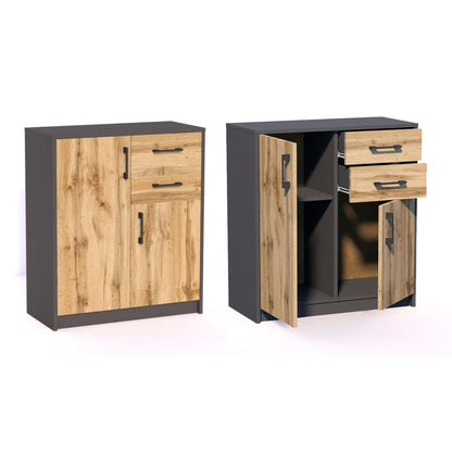 Commode avec 2 tiroirs et 2 portes en finition mate, commode de 74 cm de large avec poignées en polymère de haute qualité, commode en bois avec tiroirs - En panneau stratifié