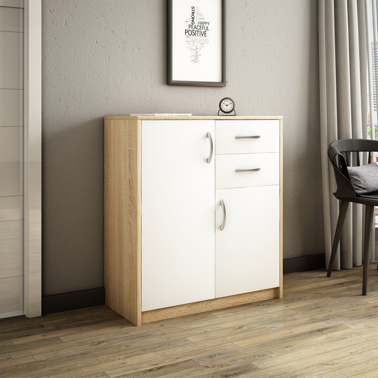 Commode avec 2 tiroirs et 2 portes en finition mate, commode de 74 cm de large avec poignées en polymère de haute qualité, commode en bois avec tiroirs - En panneau stratifié