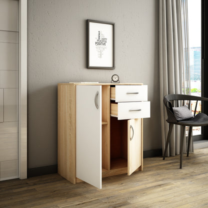 Commode avec 2 tiroirs et 2 portes en finition mate, commode de 74 cm de large avec poignées en polymère de haute qualité, commode en bois avec tiroirs - En panneau stratifié