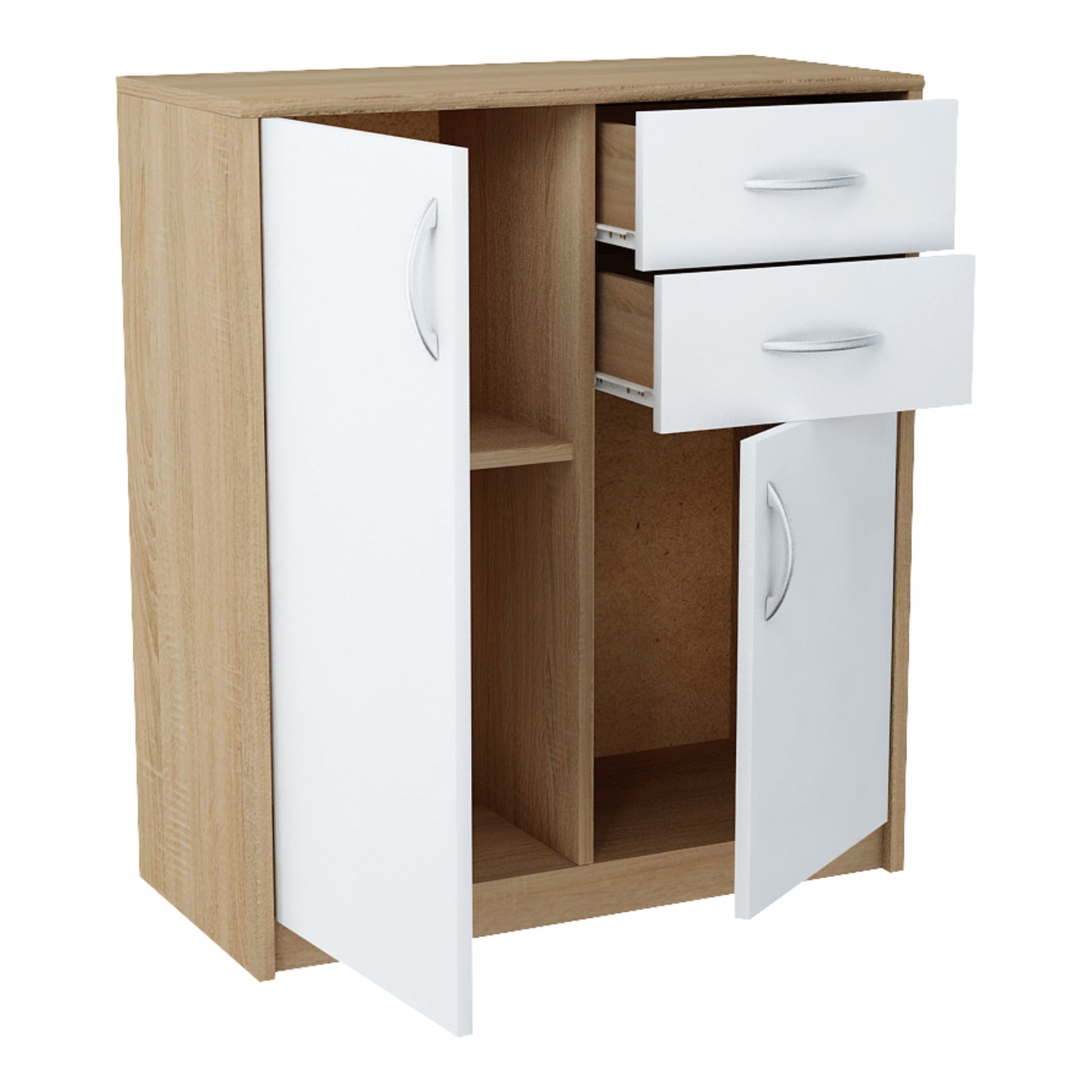 Commode avec 2 tiroirs et 2 portes en finition mate, commode de 74 cm de large avec poignées en polymère de haute qualité, commode en bois avec tiroirs - En panneau stratifié