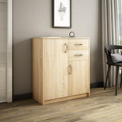 Commode avec 2 tiroirs et 2 portes en finition mate, commode de 74 cm de large avec poignées en polymère de haute qualité, commode en bois avec tiroirs - En panneau stratifié