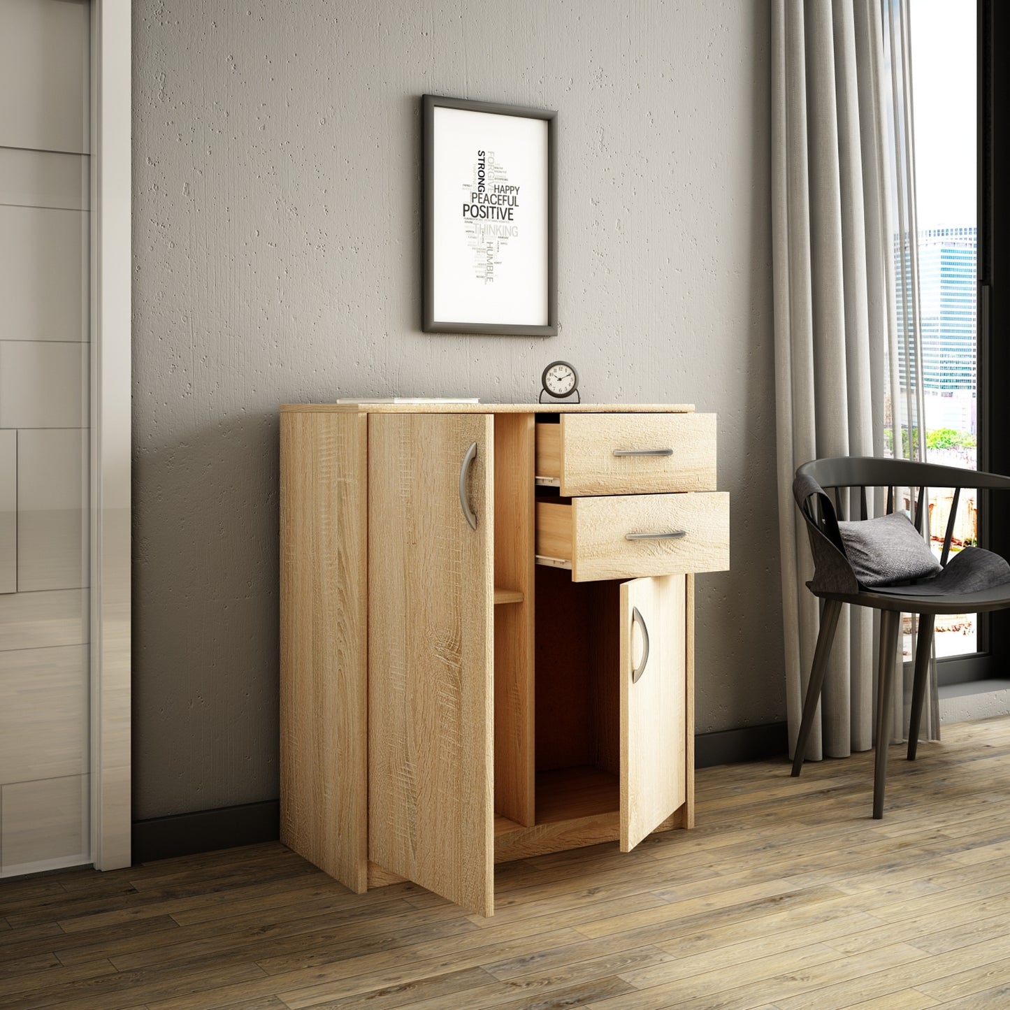 Commode avec 2 tiroirs et 2 portes en finition mate, commode de 74 cm de large avec poignées en polymère de haute qualité, commode en bois avec tiroirs - En panneau stratifié