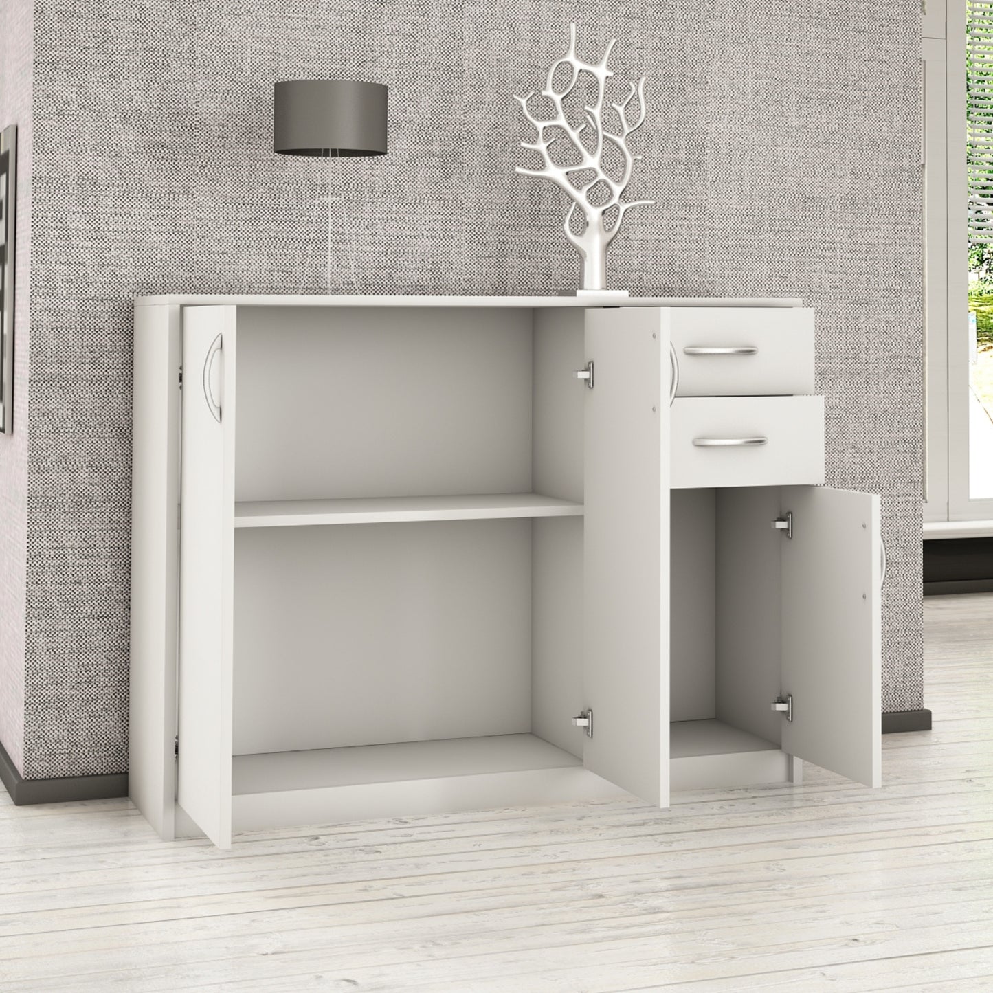 Commode avec 2 tiroirs et 3 portes en finition mate, commode de 110 cm de large avec poignées en polymère de haute qualité, commode en bois avec tiroirs - En panneau stratifié