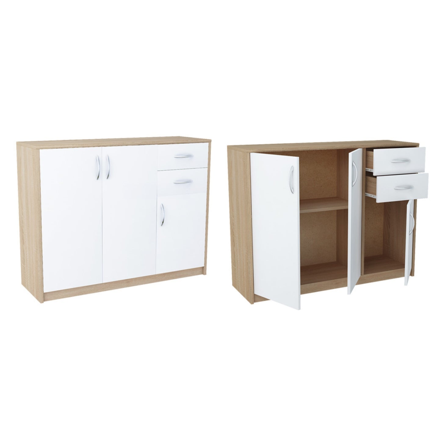 Commode avec 2 tiroirs et 3 portes en finition mate, commode de 110 cm de large avec poignées en polymère de haute qualité, commode en bois avec tiroirs - En panneau stratifié