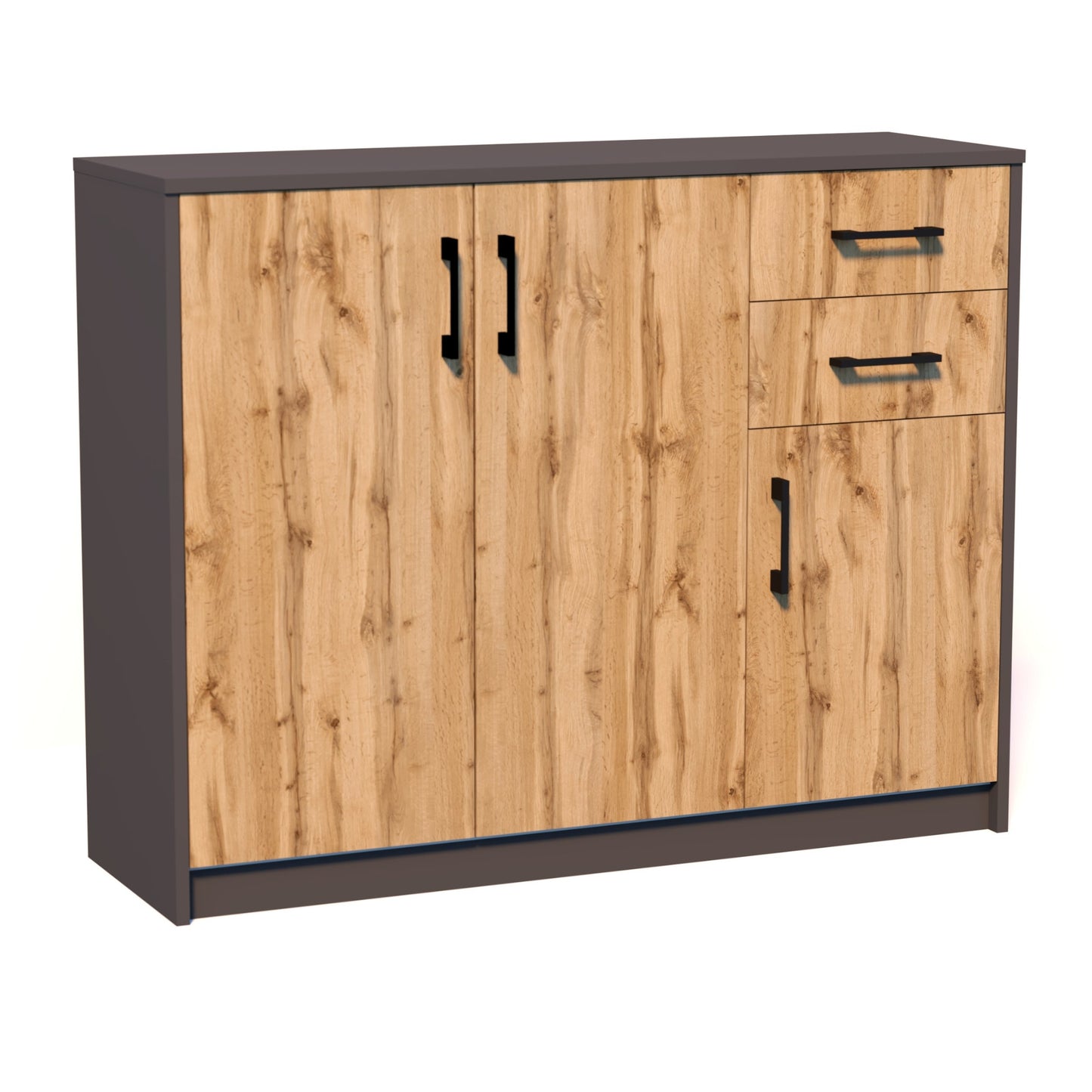 Commode avec 2 tiroirs et 3 portes en finition mate, commode de 110 cm de large avec poignées en polymère de haute qualité, commode en bois avec tiroirs - En panneau stratifié