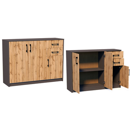 Commode avec 2 tiroirs et 3 portes en finition mate, commode de 110 cm de large avec poignées en polymère de haute qualité, commode en bois avec tiroirs - En panneau stratifié