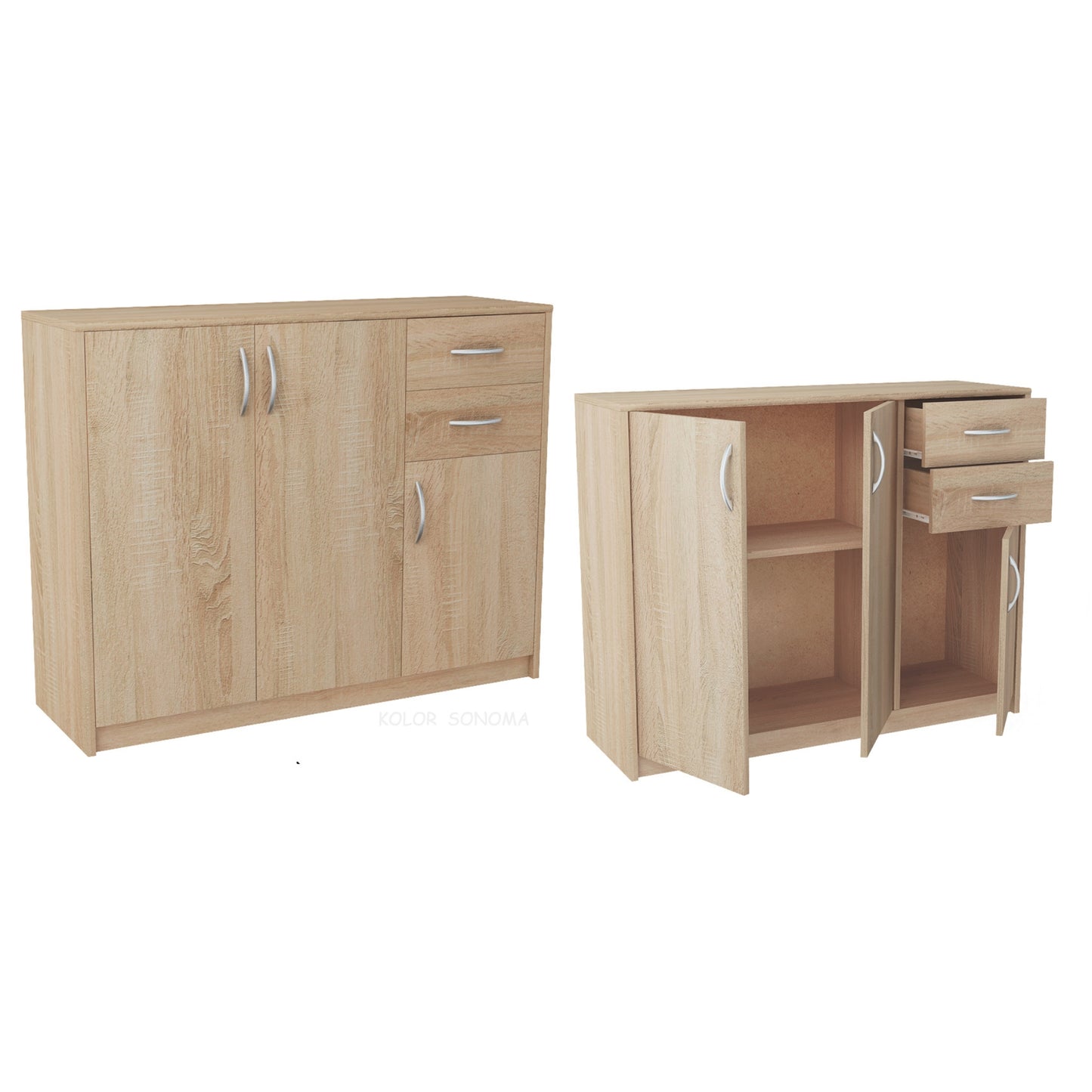 Commode avec 2 tiroirs et 3 portes en finition mate, commode de 110 cm de large avec poignées en polymère de haute qualité, commode en bois avec tiroirs - En panneau stratifié