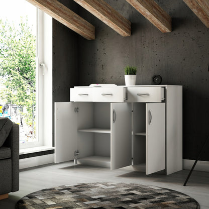 Commode avec 3 tiroirs et 3 portes en finition mate, commode de 110 cm de large avec poignées en polymère de haute qualité, commode en bois avec tiroirs - En panneau stratifié