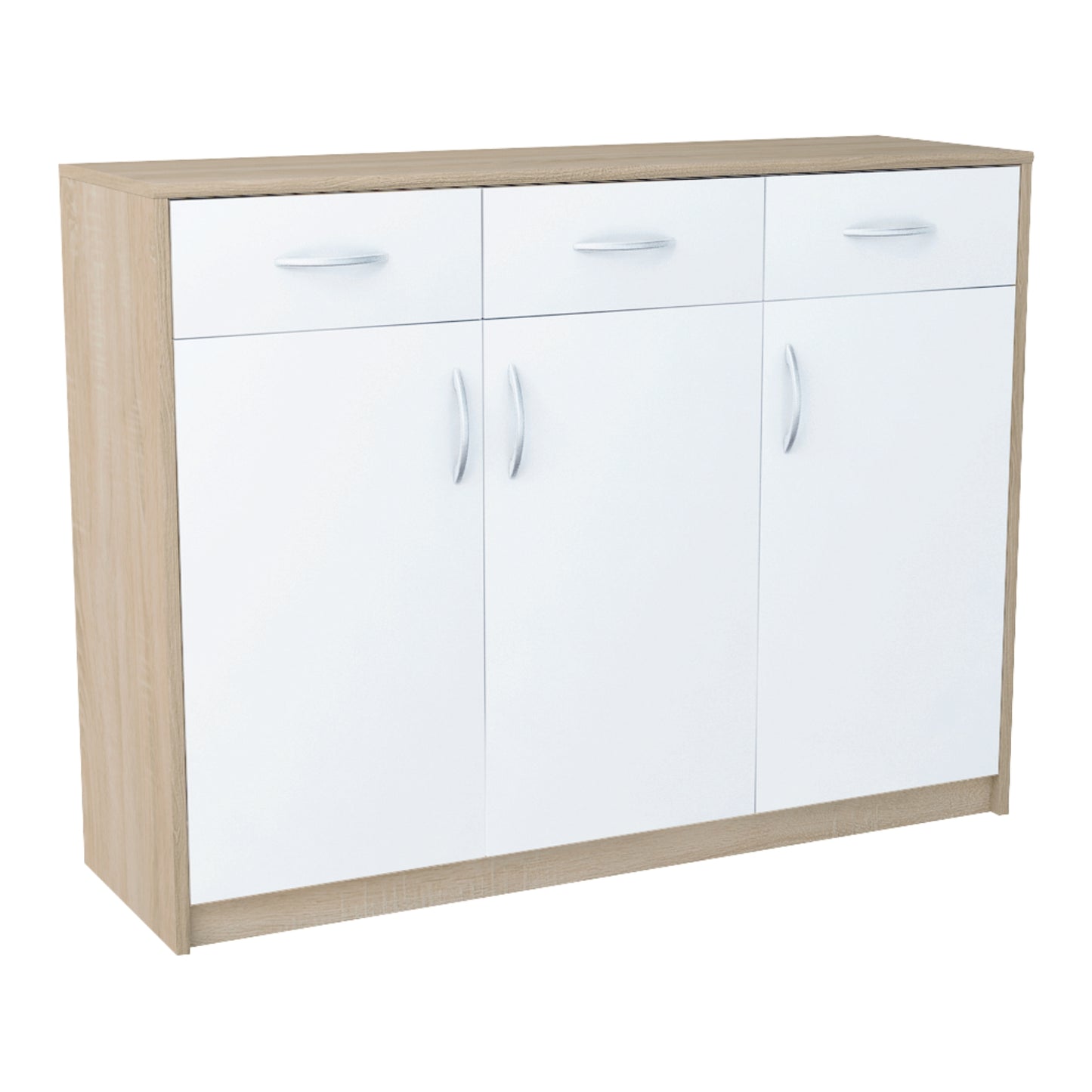 Commode avec 3 tiroirs et 3 portes en finition mate, commode de 110 cm de large avec poignées en polymère de haute qualité, commode en bois avec tiroirs - En panneau stratifié