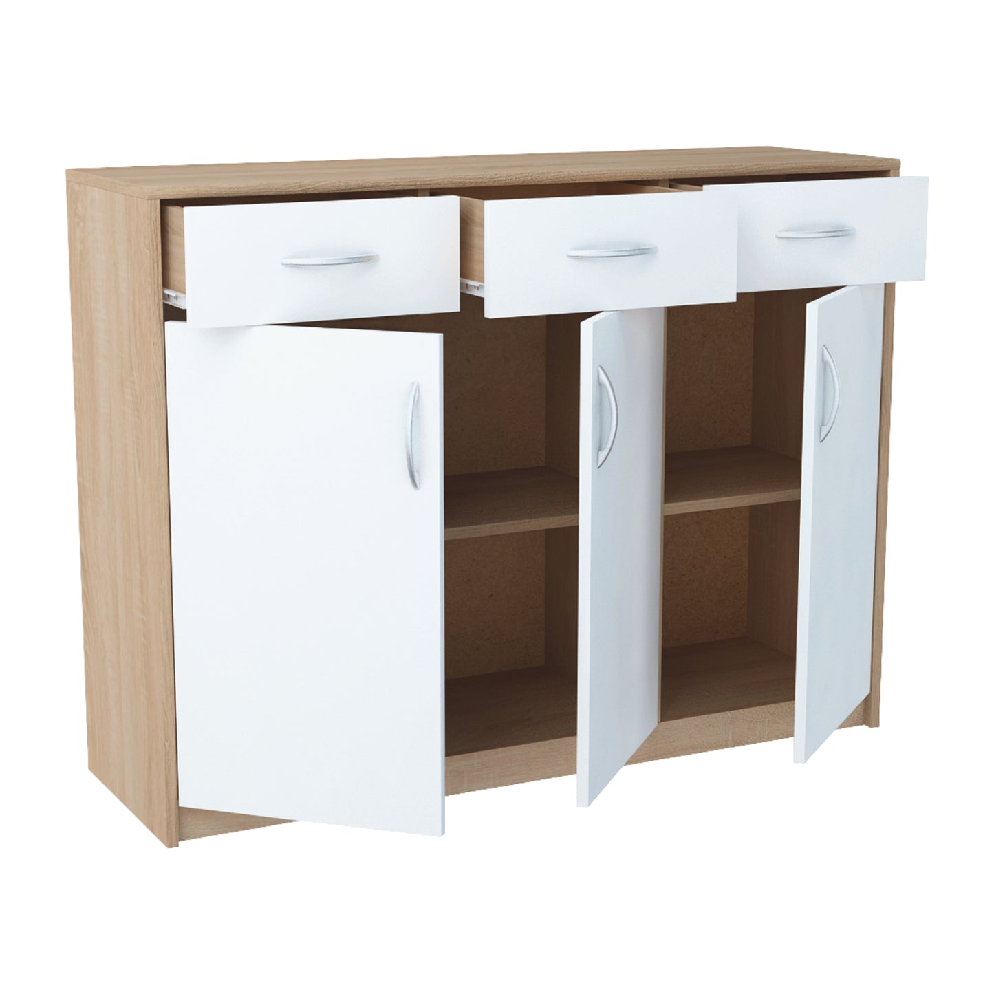 Commode avec 3 tiroirs et 3 portes en finition mate, commode de 110 cm de large avec poignées en polymère de haute qualité, commode en bois avec tiroirs - En panneau stratifié