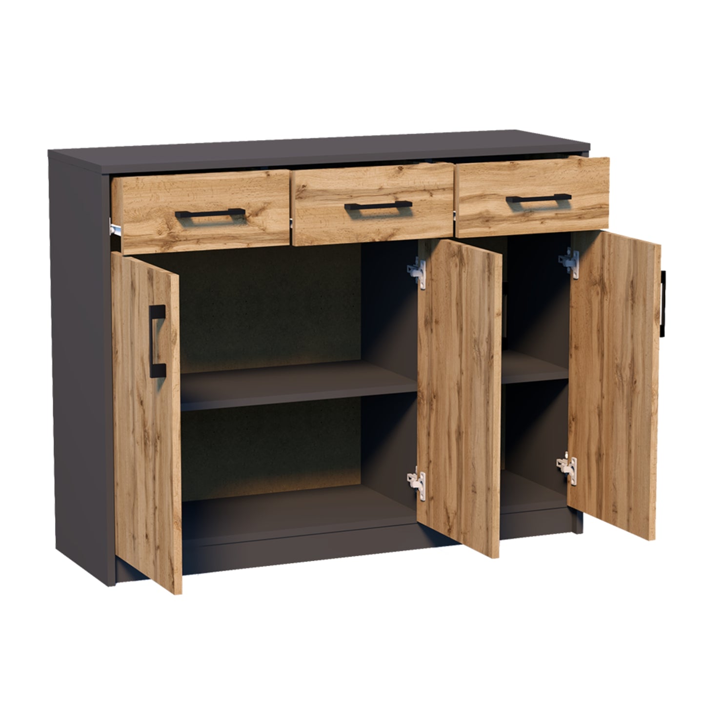 Commode avec 3 tiroirs et 3 portes en finition mate, commode de 110 cm de large avec poignées en polymère de haute qualité, commode en bois avec tiroirs - En panneau stratifié