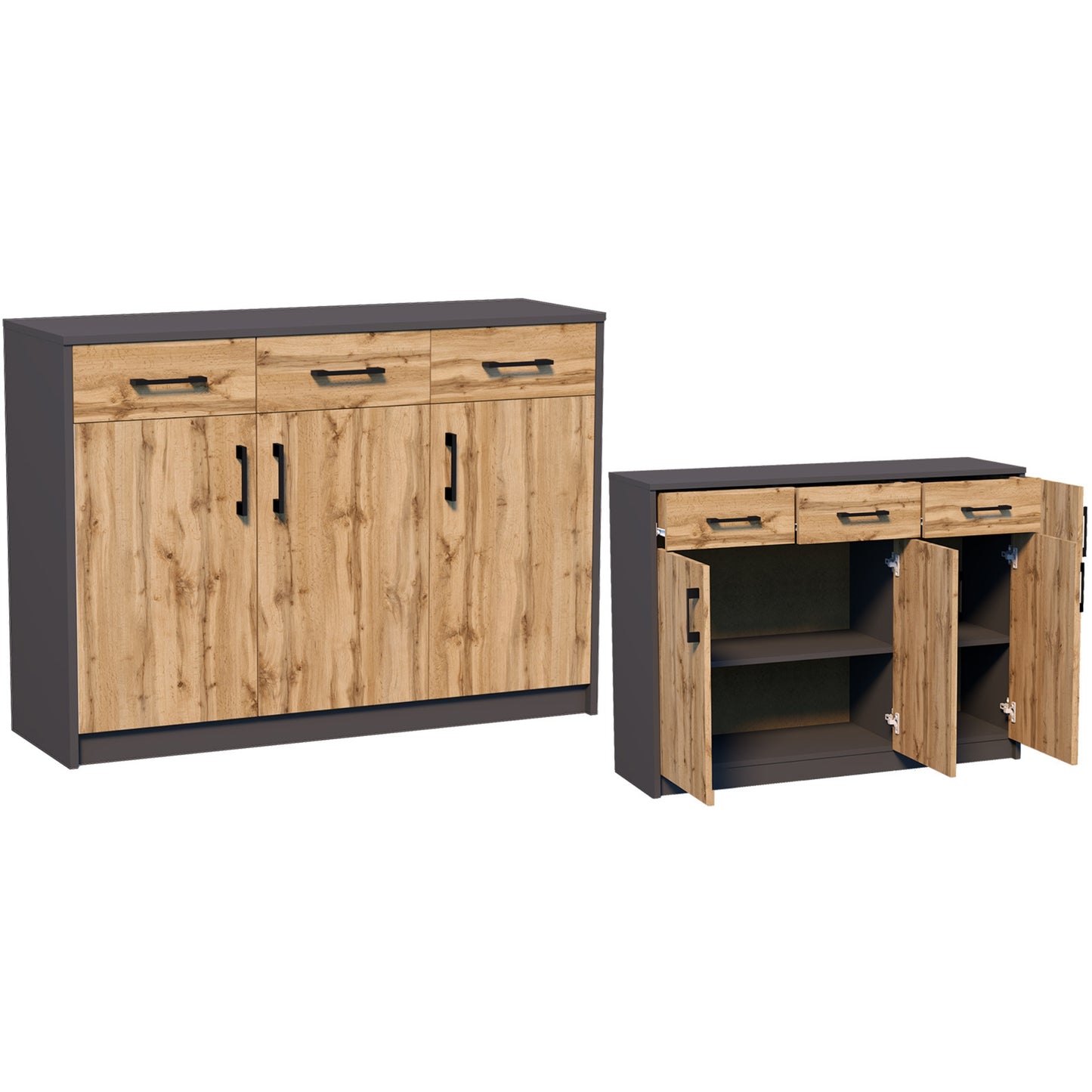 Commode avec 3 tiroirs et 3 portes en finition mate, commode de 110 cm de large avec poignées en polymère de haute qualité, commode en bois avec tiroirs - En panneau stratifié