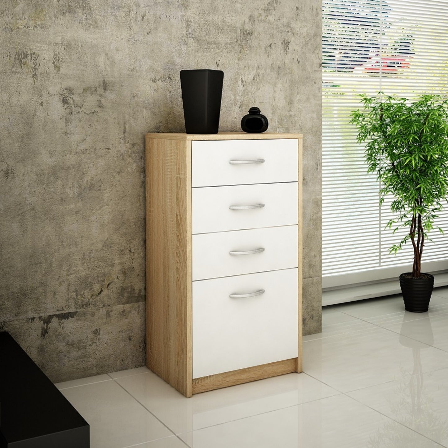 Kommode mit 4 Schubladen mit matter Oberfläche, Kommode 45cm breit Holz Schrank Kommode mit Schubladen Sideboard Highboard Anrichte Schlafzimmer Wohnzimmer Flur Büro Organizer