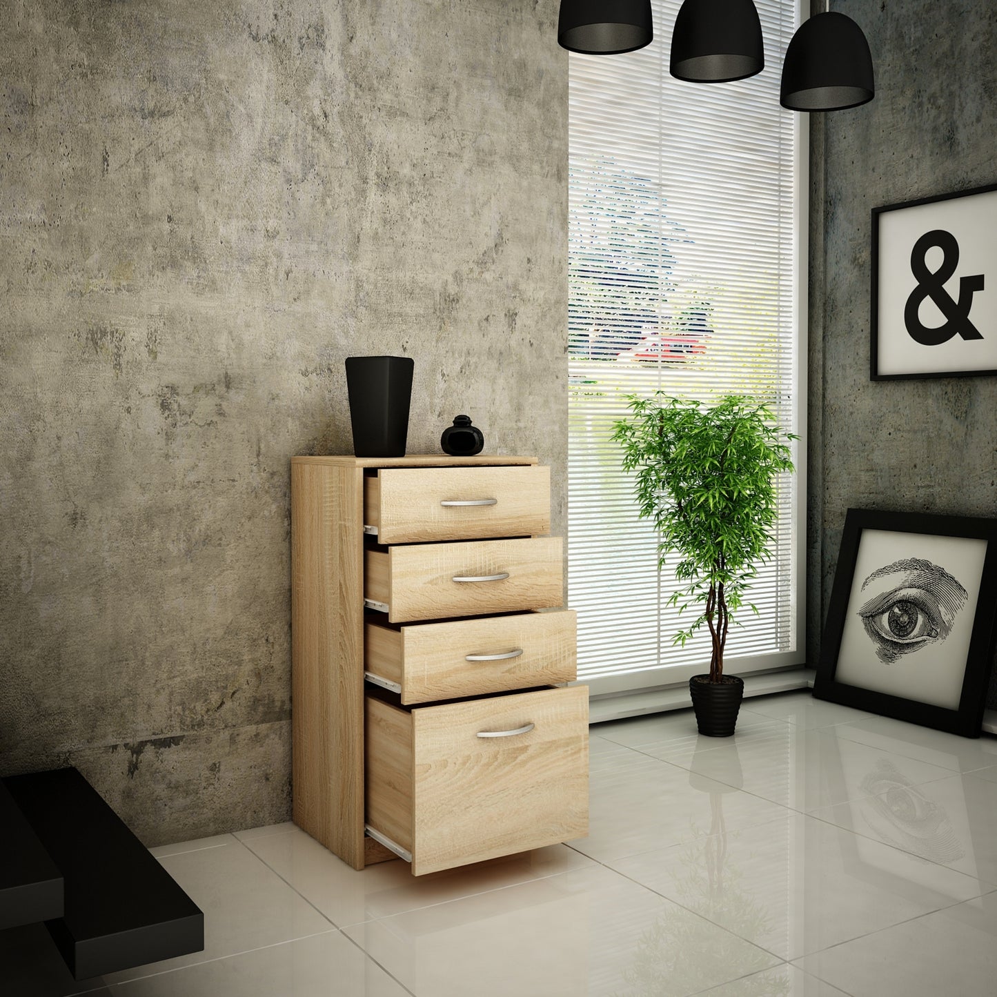 Kommode mit 4 Schubladen mit matter Oberfläche, Kommode 45cm breit Holz Schrank Kommode mit Schubladen Sideboard Highboard Anrichte Schlafzimmer Wohnzimmer Flur Büro Organizer