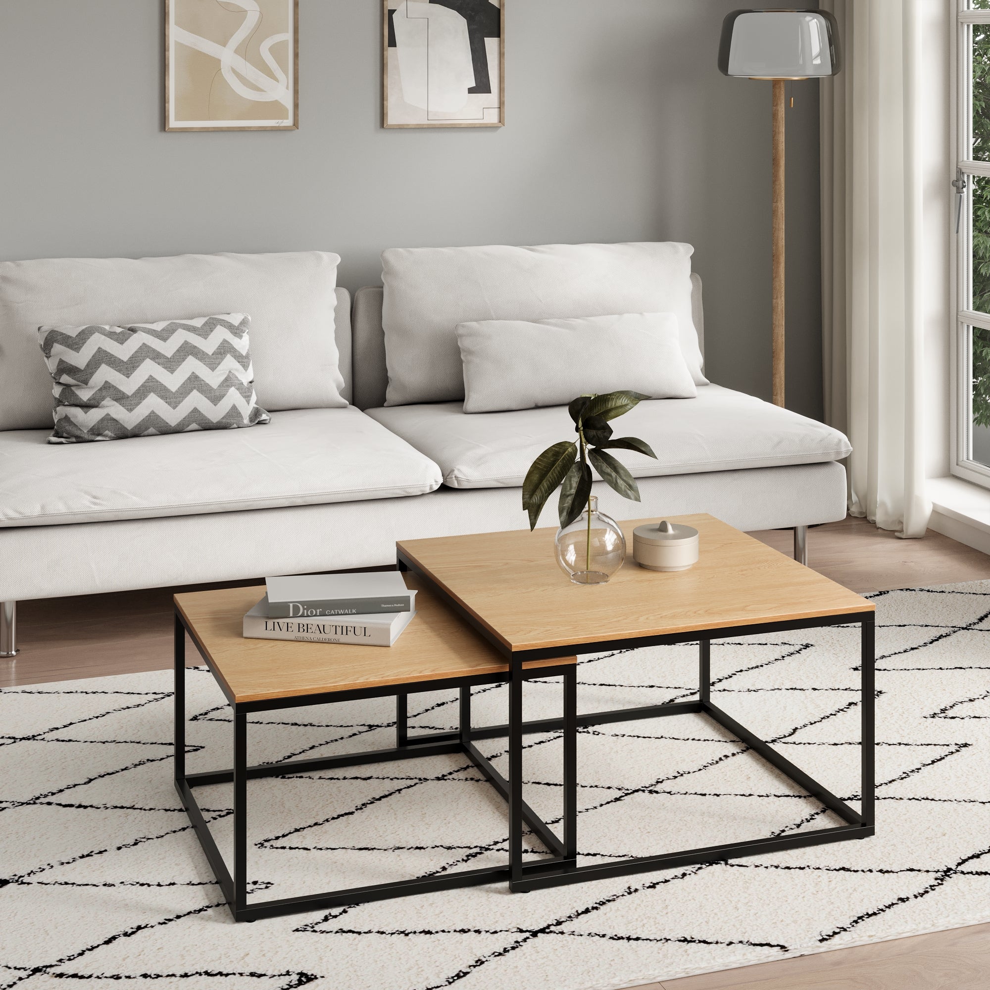 Lot de 2 tables basses carrées en bois, table de salon moderne, table d'appoint 2 en 1 avec structure en métal pour salon, bureau, table d'appoint design Loft TWIN, surface résistante aux rayures