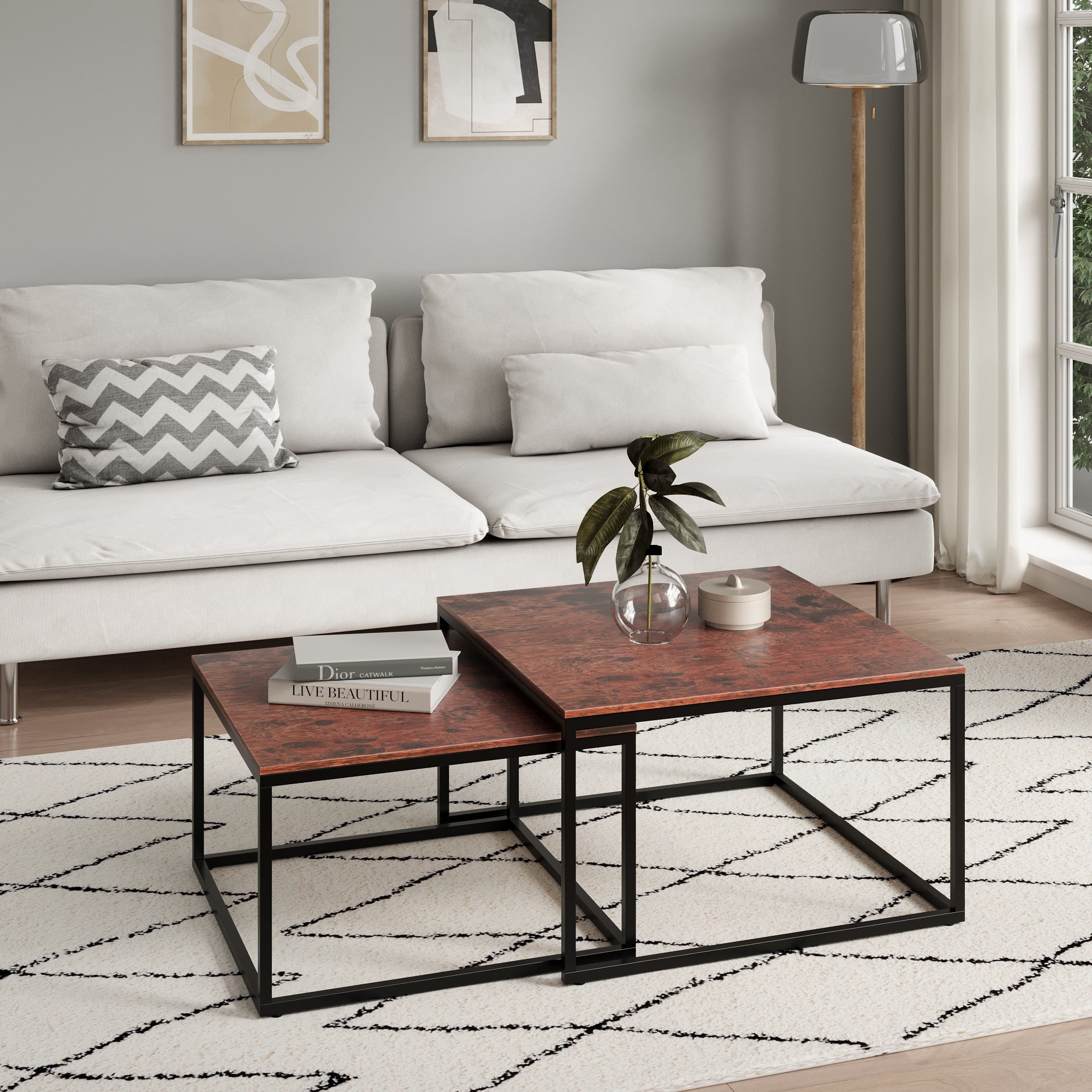 Lot de 2 tables basses carrées en bois, table de salon moderne, table d'appoint 2 en 1 avec structure en métal pour salon, bureau, table d'appoint design Loft TWIN, surface résistante aux rayures