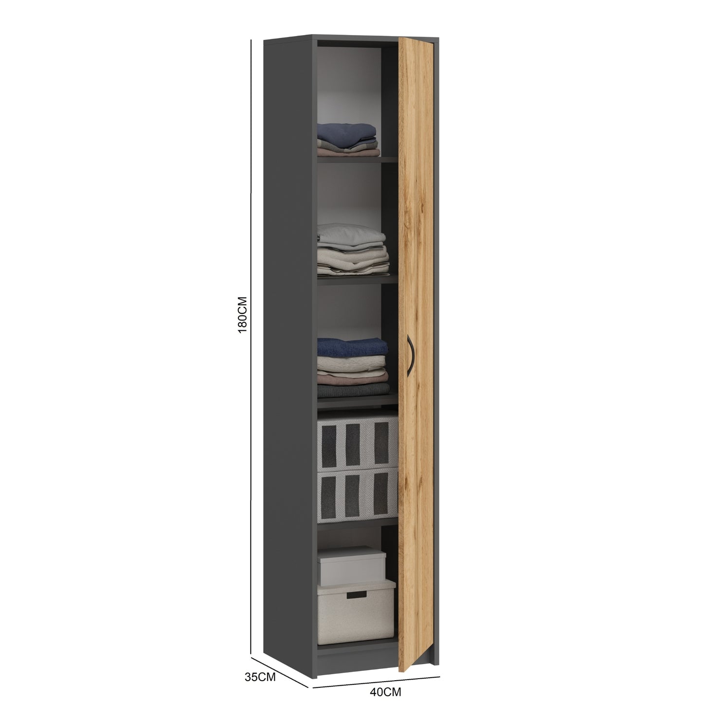 Armoire polyvalente, 40 cm de largeur et 180 cm de hauteur avec quatre étagères, armoire de rangement étroite en bois MDF