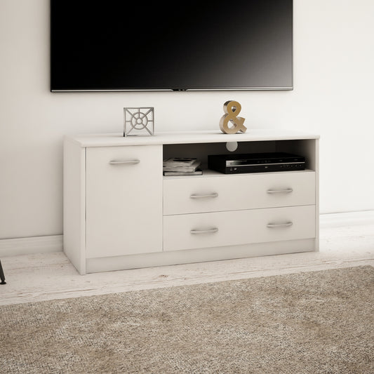 Meuble TV Lowboard de 110 cm de large avec surface mate Table TV avec 1 porte, 2 tiroirs et 2 étagères, en panneau stratifié, bord arrondi et rails à roulettes en métal Commode TV