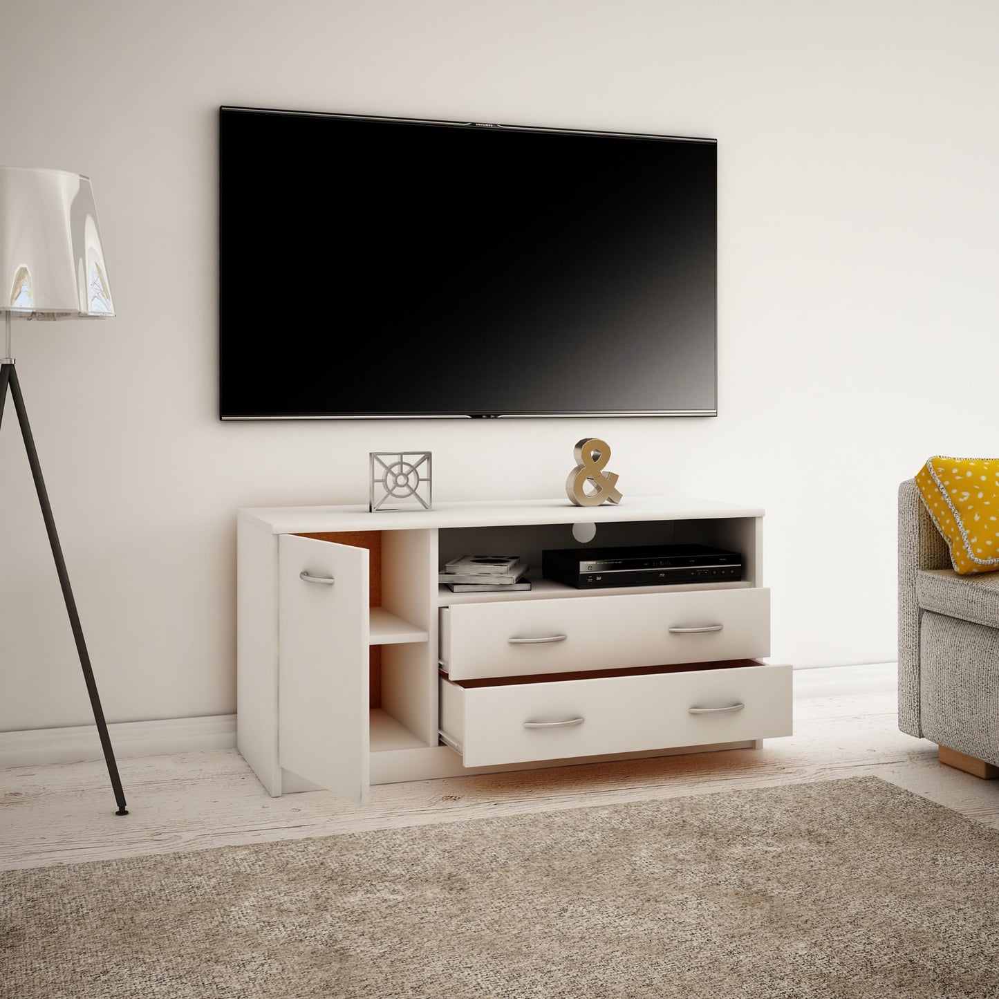 Meuble TV Lowboard de 110 cm de large avec surface mate Table TV avec 1 porte, 2 tiroirs et 2 étagères, en panneau stratifié, bord arrondi et rails à roulettes en métal Commode TV