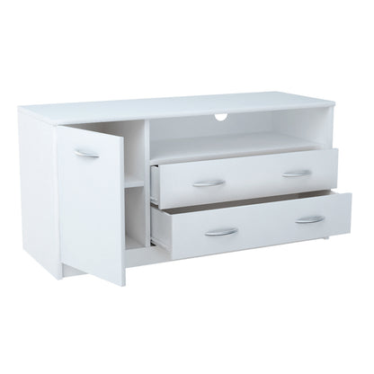 TV-Schrank 110cm breit Lowboard mit matter Oberfläche Fernsehtisch mit 1 Tür, 2 Schubladen und 2 Regalen, aus laminiertem Board, abgerundete Kante und Metall-Rollschienen Fernsehkommode