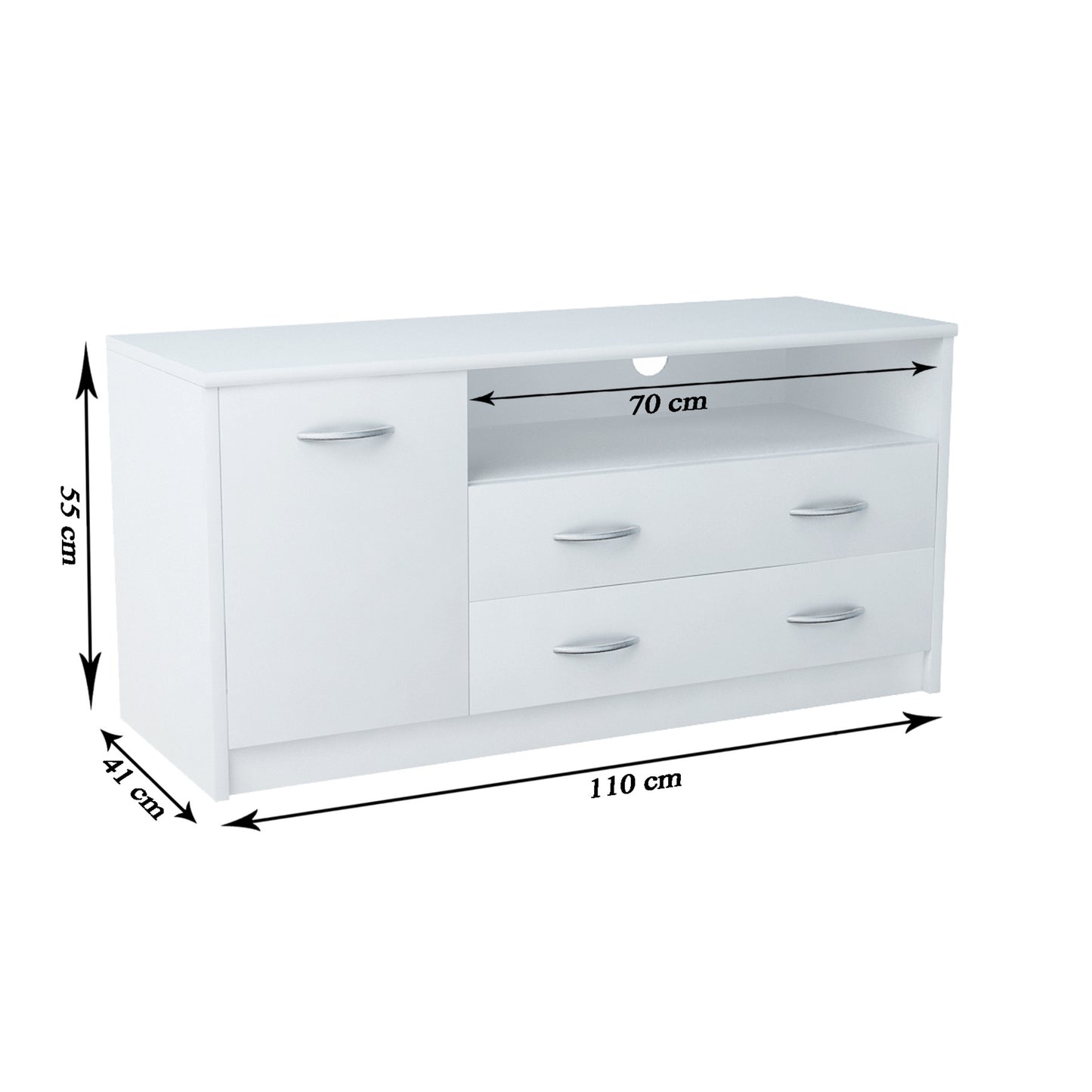 TV-Schrank 110cm breit Lowboard mit matter Oberfläche Fernsehtisch mit 1 Tür, 2 Schubladen und 2 Regalen, aus laminiertem Board, abgerundete Kante und Metall-Rollschienen Fernsehkommode