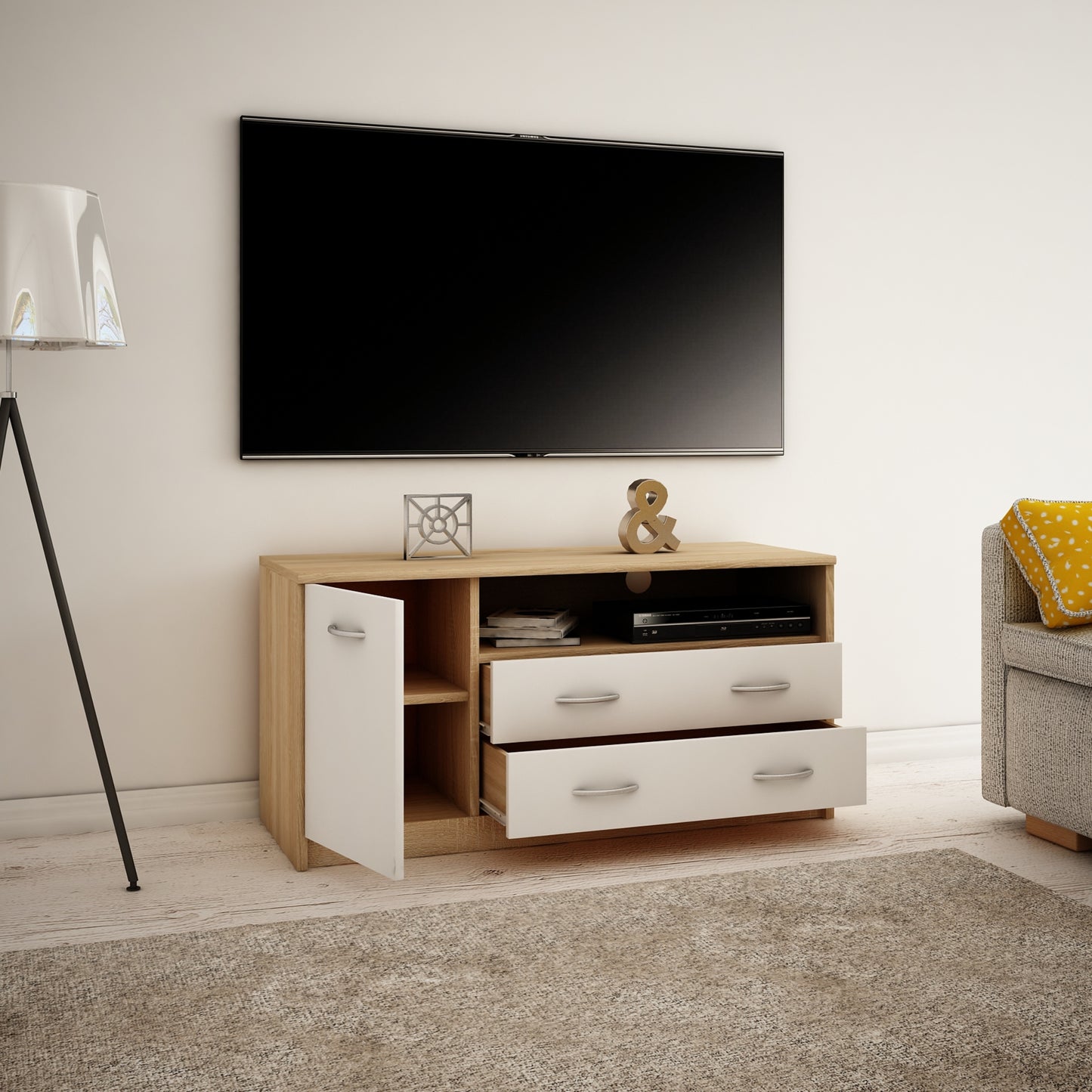 Meuble TV Lowboard de 110 cm de large avec surface mate Table TV avec 1 porte, 2 tiroirs et 2 étagères, en panneau stratifié, bord arrondi et rails à roulettes en métal Commode TV