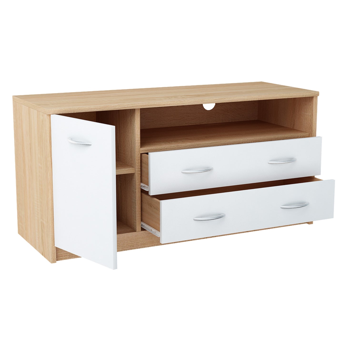 Meuble TV Lowboard de 110 cm de large avec surface mate Table TV avec 1 porte, 2 tiroirs et 2 étagères, en panneau stratifié, bord arrondi et rails à roulettes en métal Commode TV