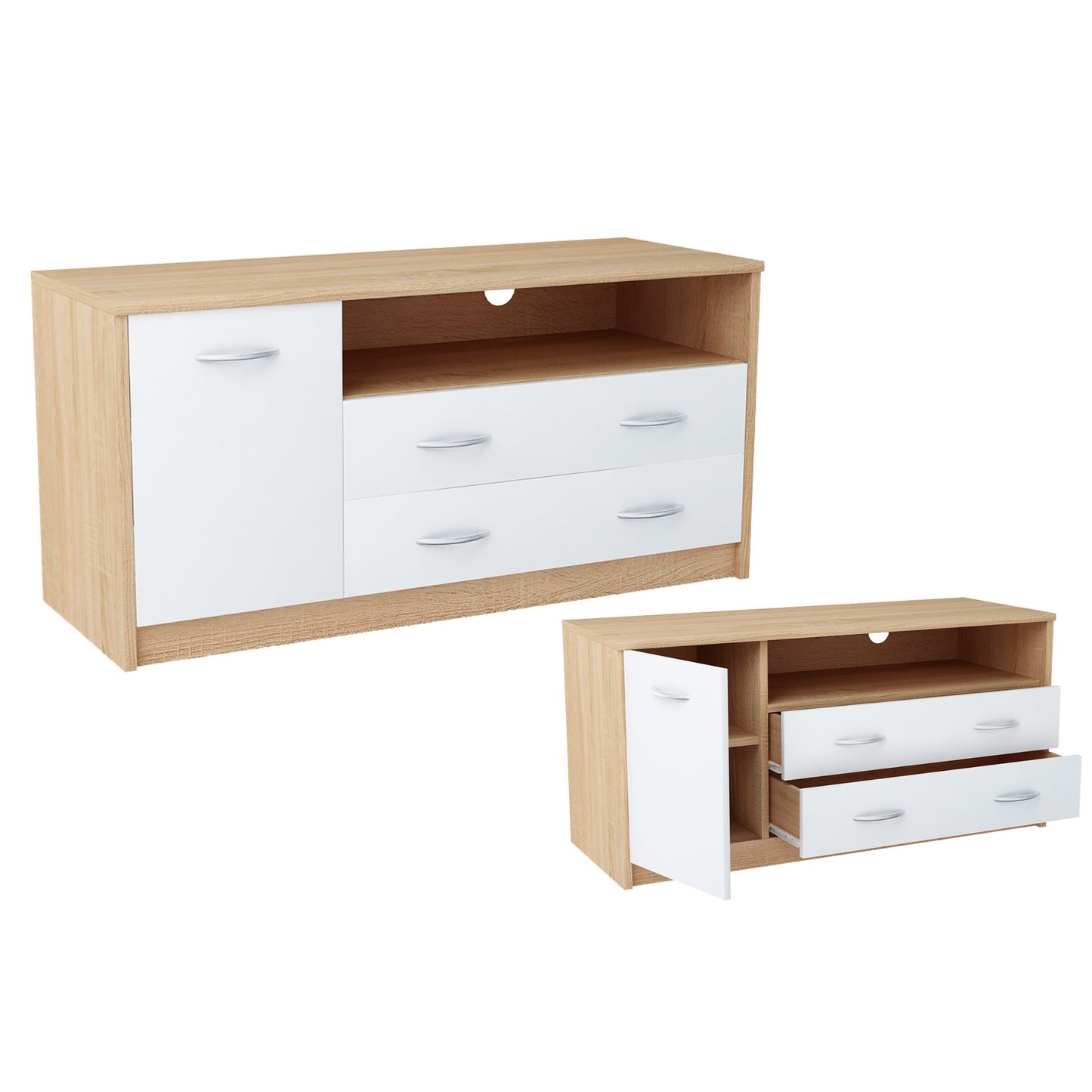 Meuble TV Lowboard de 110 cm de large avec surface mate Table TV avec 1 porte, 2 tiroirs et 2 étagères, en panneau stratifié, bord arrondi et rails à roulettes en métal Commode TV