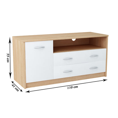 TV-Schrank 110cm breit Lowboard mit matter Oberfläche Fernsehtisch mit 1 Tür, 2 Schubladen und 2 Regalen, aus laminiertem Board, abgerundete Kante und Metall-Rollschienen Fernsehkommode