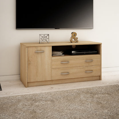 Meuble TV Lowboard de 110 cm de large avec surface mate Table TV avec 1 porte, 2 tiroirs et 2 étagères, en panneau stratifié, bord arrondi et rails à roulettes en métal Commode TV